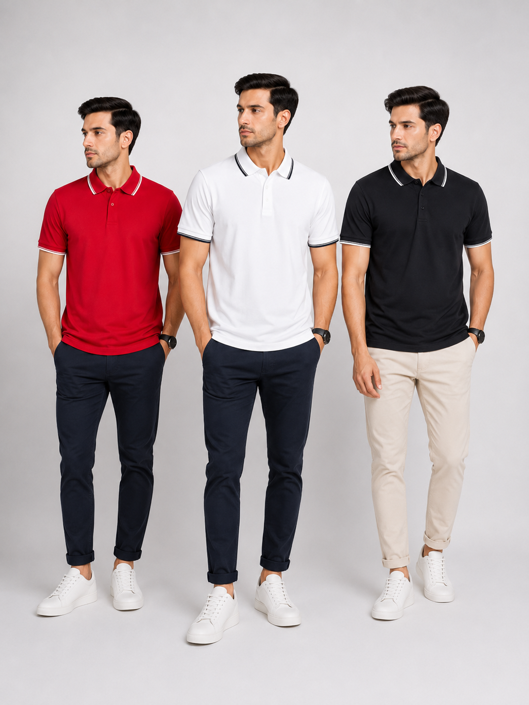Primo Knit Dotcell Polo T-Shirts Combo Pack of 3 – Red, White & Black